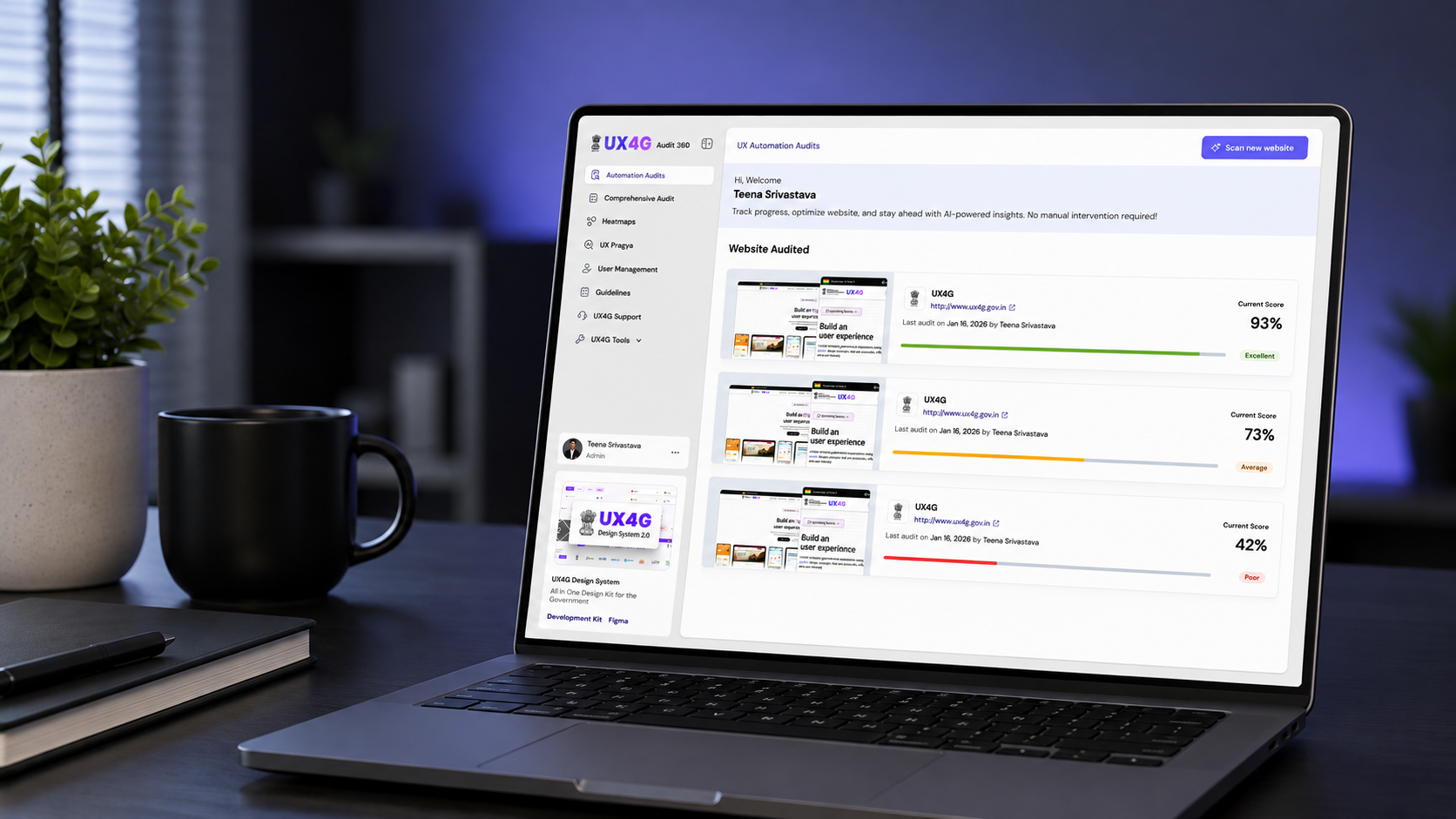 Audit360 UX compliance dashboard, shown on a laptop at a desk lit by purple ambient light