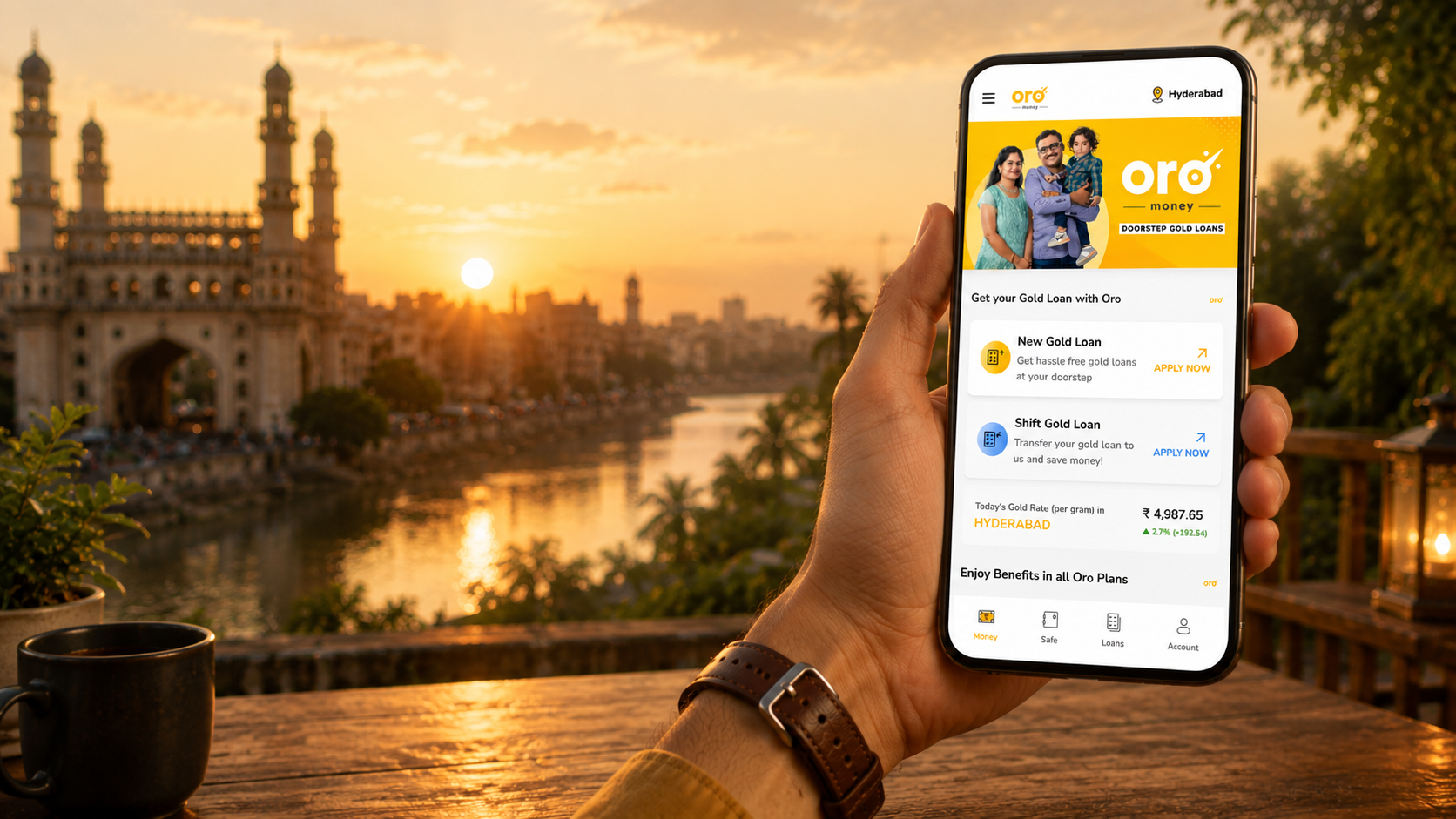 Oro gold loan mobile app screens, held in hand against a Hyderabad sunset skyline