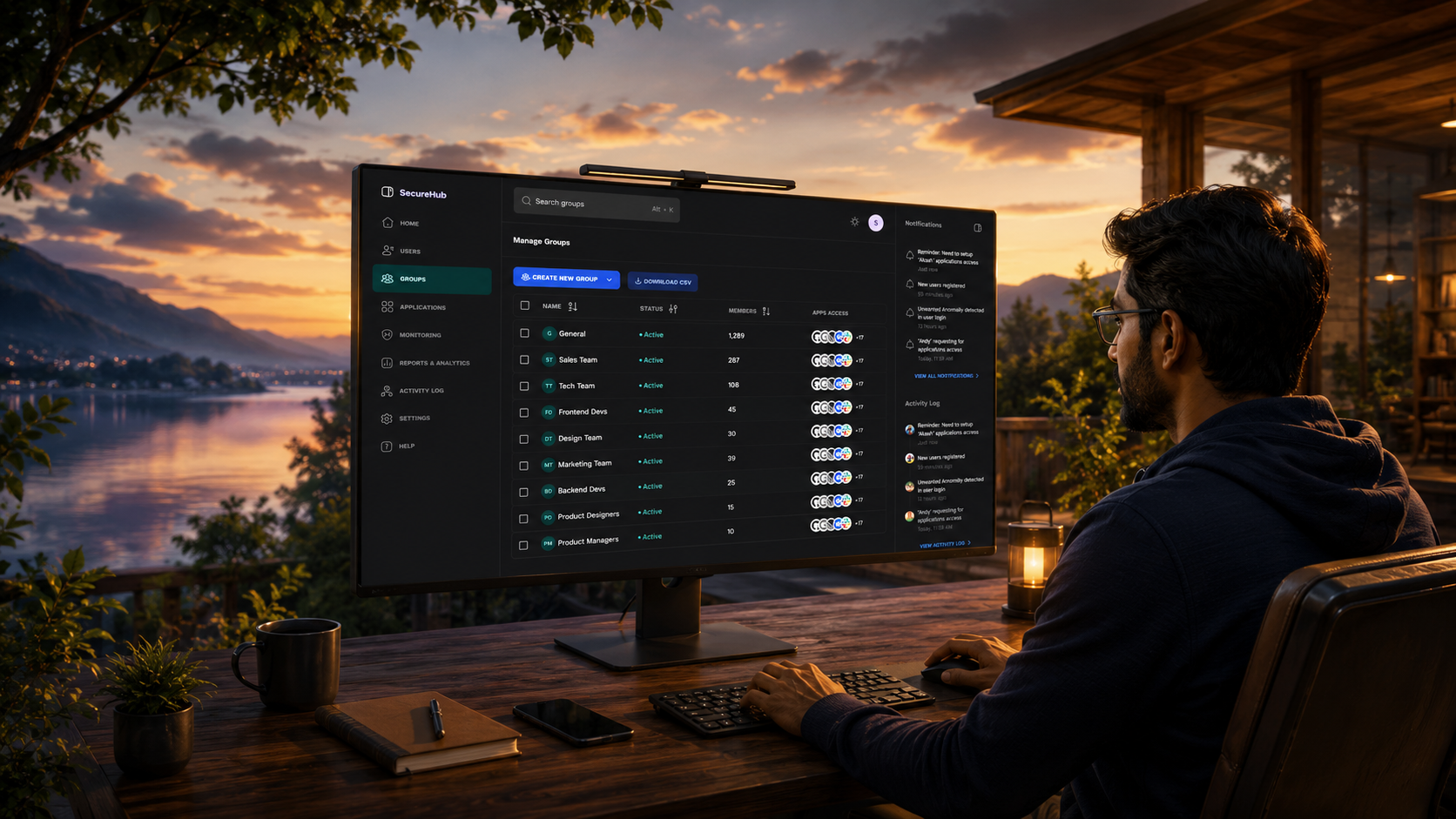 Secure Hub employee monitoring dashboard, shown on a monitor at a lakeside desk